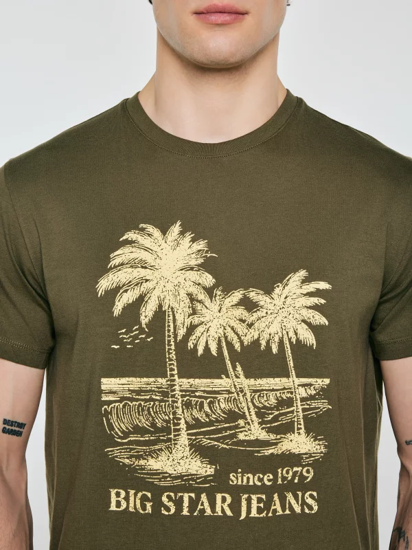 Koszulka męska z kontrastowym nadrukiem khaki Omer 303