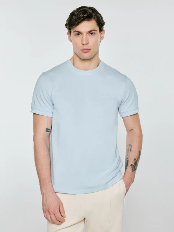 Koszulka męska bawełniana z subtelnym nadrukiem błękitna Wlader 400