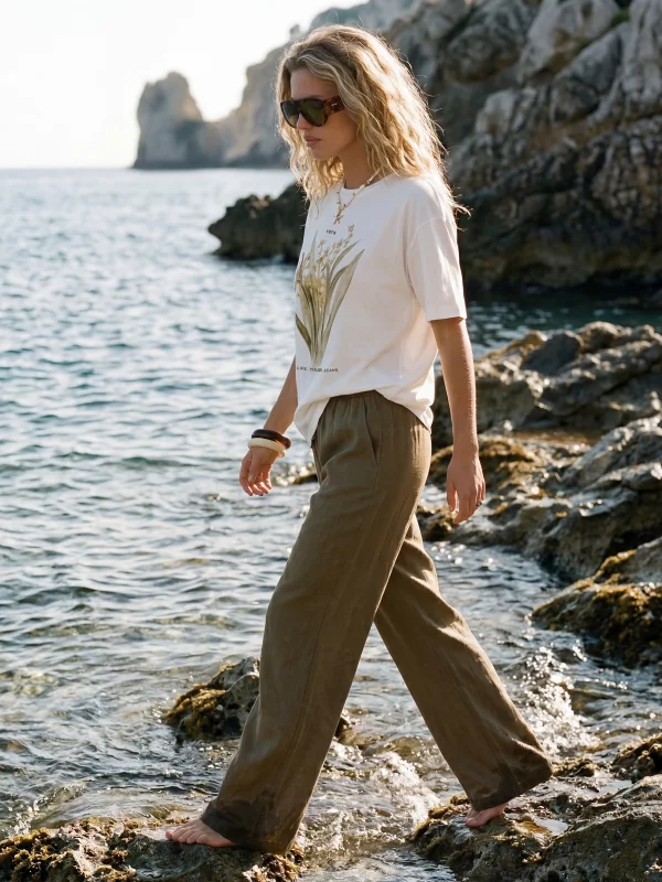 Spodnie damskie wide lniane khaki Medisa 303