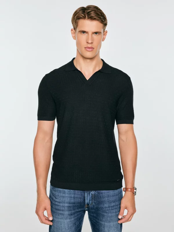Sweter męski polo z krótkim rękawem czarny Enzo 907