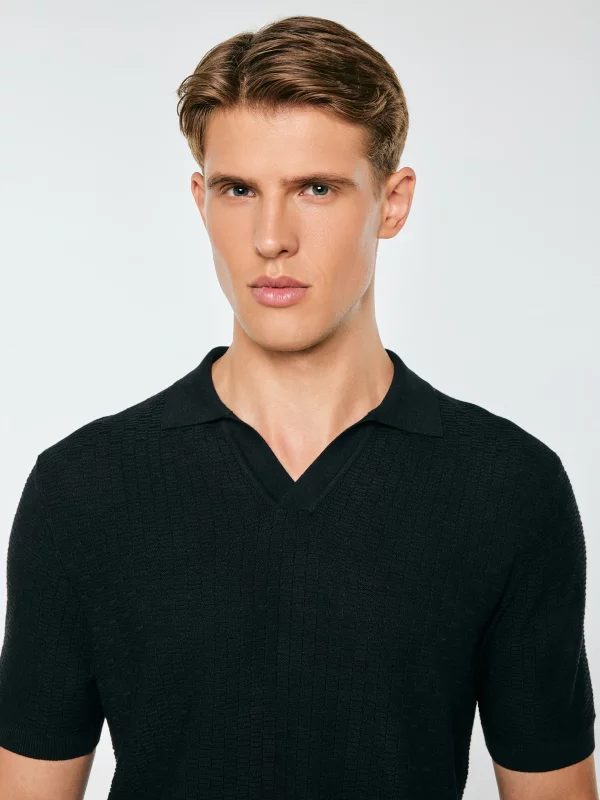 Sweter męski polo z krótkim rękawem czarny Enzo 907