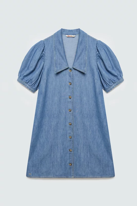 Sukienka damska mini jeansowa z bufiastymi rękawami niebieska Jennie 270