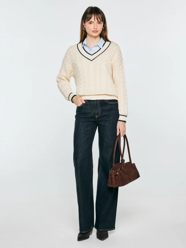 Sweter damski bawełniany z dekoltem v-neck kremowy Calia 103