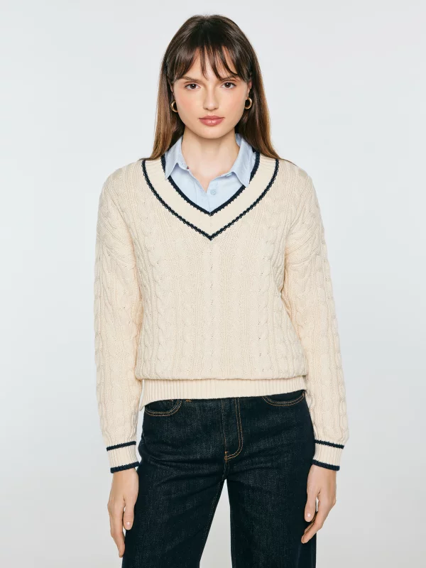 Sweter damski bawełniany z dekoltem v-neck kremowy Calia 103