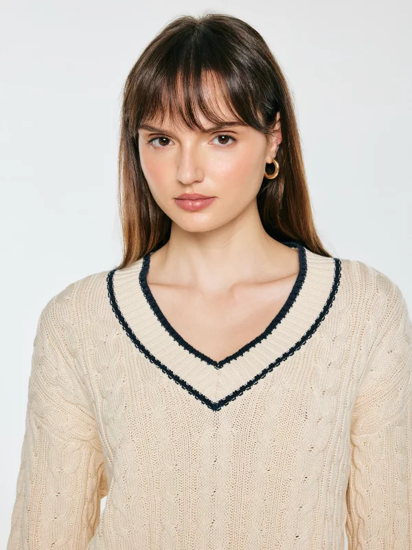 Sweter damski bawełniany z dekoltem v-neck kremowy Calia 103