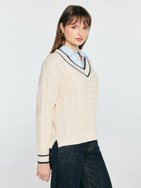 Sweter damski bawełniany z dekoltem v-neck kremowy Calia 103