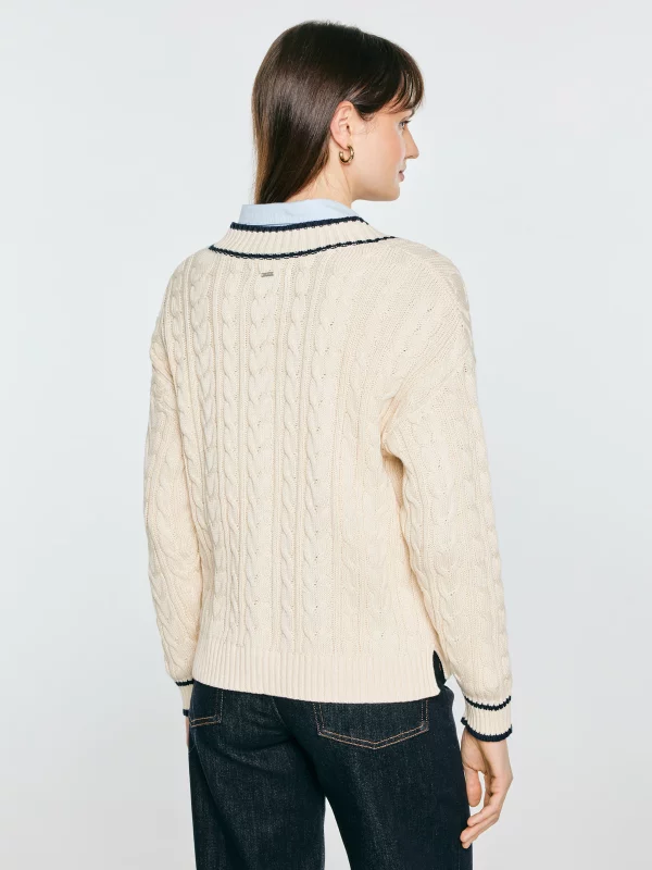 Sweter damski bawełniany z dekoltem v-neck kremowy Calia 103