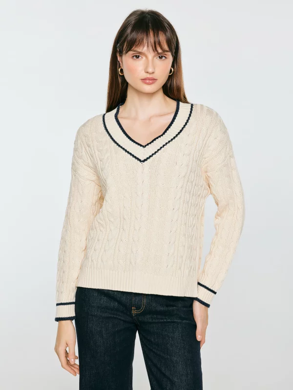 Sweter damski bawełniany z dekoltem v-neck kremowy Calia 103