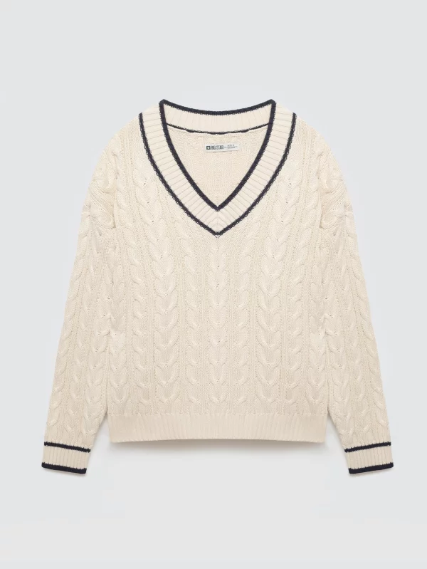 Sweter damski bawełniany z dekoltem v-neck kremowy Calia 103