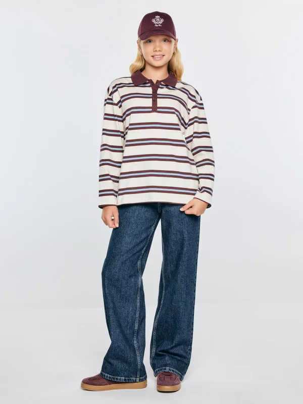 Bluzka dziewczęca polo longsleeve w paski perłowa Berenika 103
