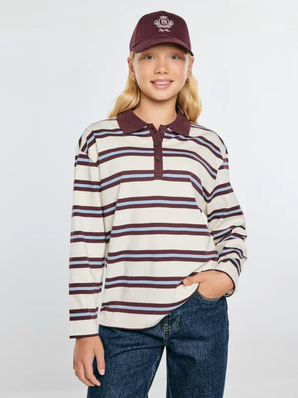 Bluzka dziewczęca polo longsleeve w paski perłowa Berenika 103