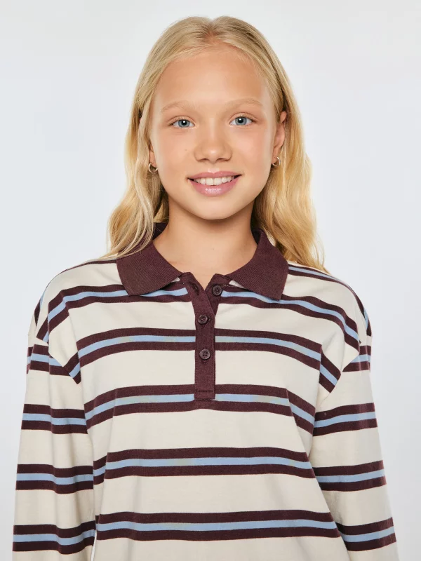 Bluzka dziewczęca polo longsleeve w paski perłowa Berenika 103