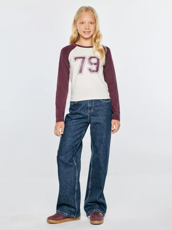 Bluzka dziewczęca longsleeve z kontrastowymi rękawami perłowa Filiana 103
