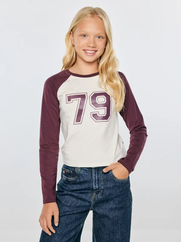 Bluzka dziewczęca longsleeve z kontrastowymi rękawami perłowa Filiana 103
