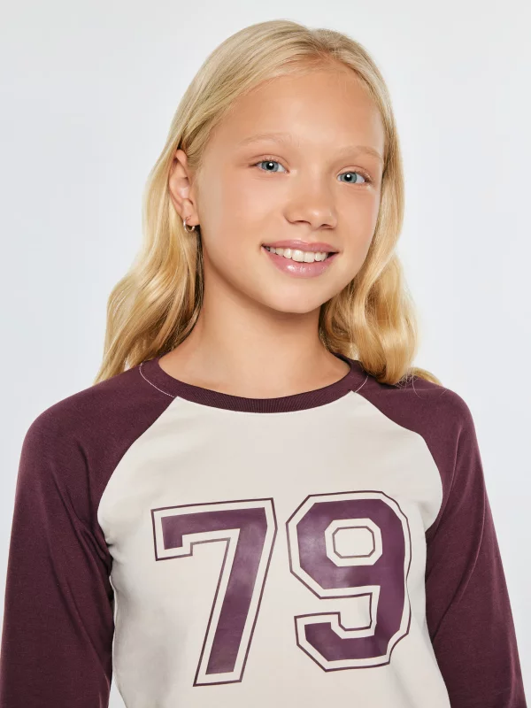 Bluzka dziewczęca longsleeve z kontrastowymi rękawami perłowa Filiana 103