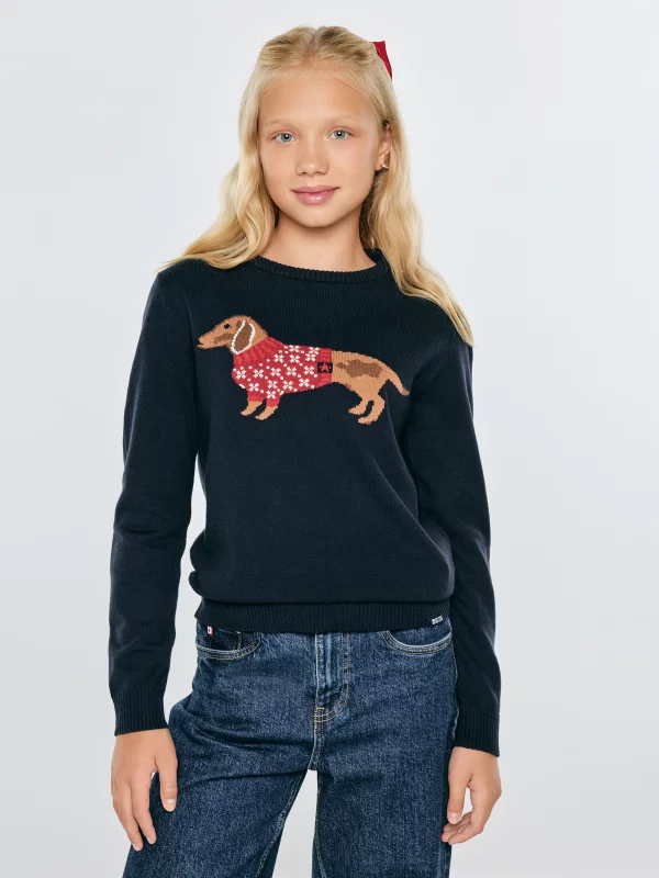 Sweter dziewczęcy z motywem jamnika granatowy Kajusia 403