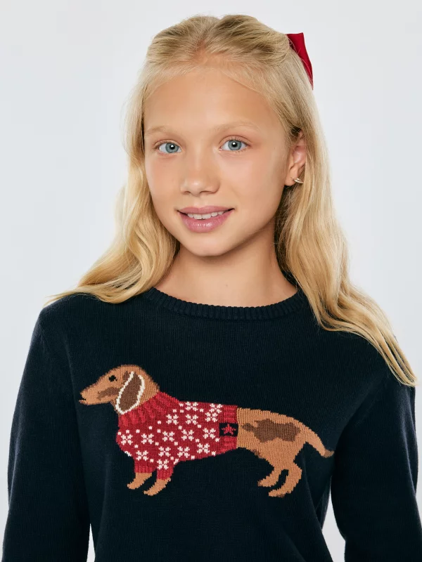 Sweter dziewczęcy z motywem jamnika granatowy Kajusia 403