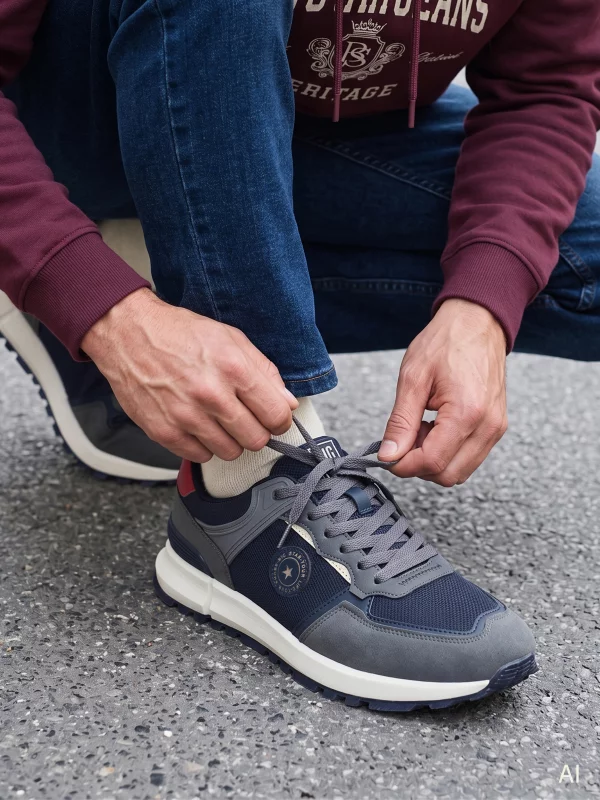 Sneakersy męskie z szarymi wstawkami granatowe UU174203 403