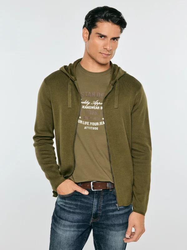 Sweter męski rozpinany z kapturem khaki Oskaro 303